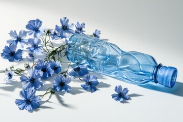 Blue flowers elegantly arranged in a discarded blue plastic bottle, suggesting environmental themes.