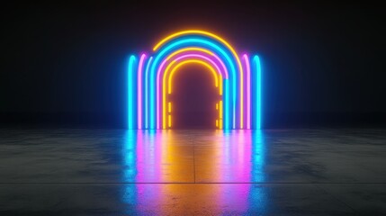 Fototapeta premium Neon Rainbow Archway on Dark Background with Reflections in a Modern Space