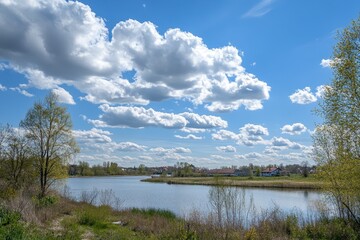 Obraz premium Vibrant Spring Daytime Sky: A Perfect Blend of Blue and White Clouds Over Poland's Natural Landscape
