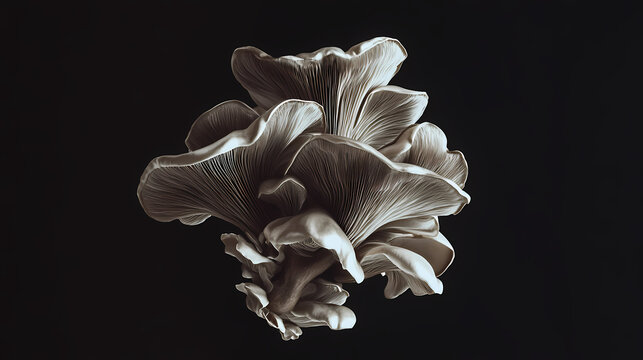 A realistic wild mushroom mix dynamically spinning in soft shadows on a near black background. [Lunar Botanica] | Orbit Bloom | spinning flora. Illustration