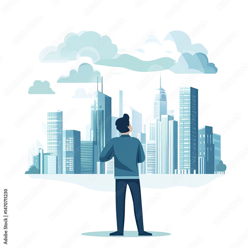 Poster illustration of a person observing a city skyline under cloudy skies with a transparent background v