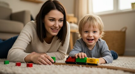 Fototapeta premium Mother and Son Playing with Toy Train on Carpet