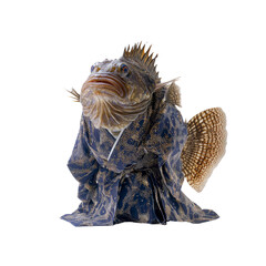A Sophisticated Rockfish in Traditional Japanese Kimono Humorous Aquatic Fashion