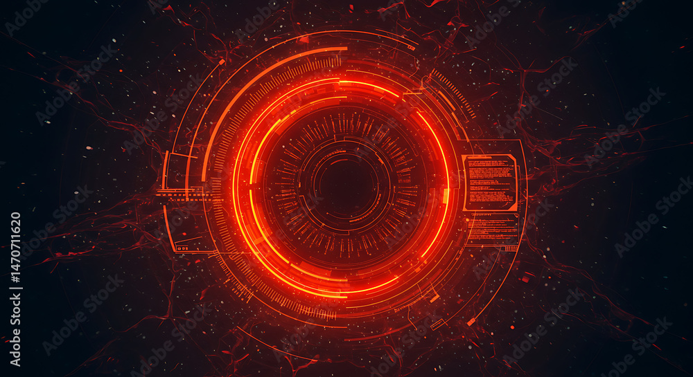 Poster fiery futuristic interface: a mesmerizing abstract design featuring a glowing, circular interface wi