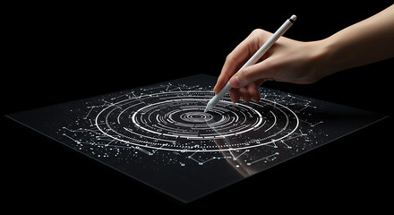 Stylus on Interactive Display: A sleek stylus interacts with a modern digital surface, featuring circular patterns and network connections.