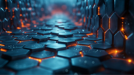Obraz premium Futuristic hexagonal corridor with glowing orange circuitry. Suggests advanced digital infrastructure and immersive sci-fi environments.