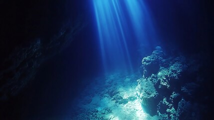 Obraz premium Underwater cave illuminated by sunbeams.