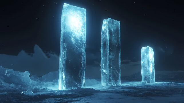 Standing in a frozen night landscape, a luminous ice monolith captures attention. ancient glowing monoliths. illustration. [Frozen Monoliths] | Shattered Glacier | fractured titan. Illustration