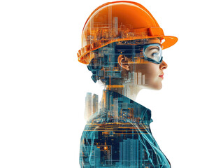 Profile of construction worker overlaid with cityscape night lights against black transparent background