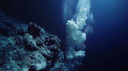 Underwater eruption of white substance from deep sea rocks.