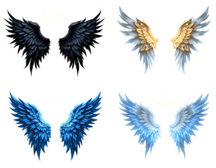 Obraz premium Set of Four Pairs of Colorful Angel Wings with Haloes on Transparent Isolated Background 