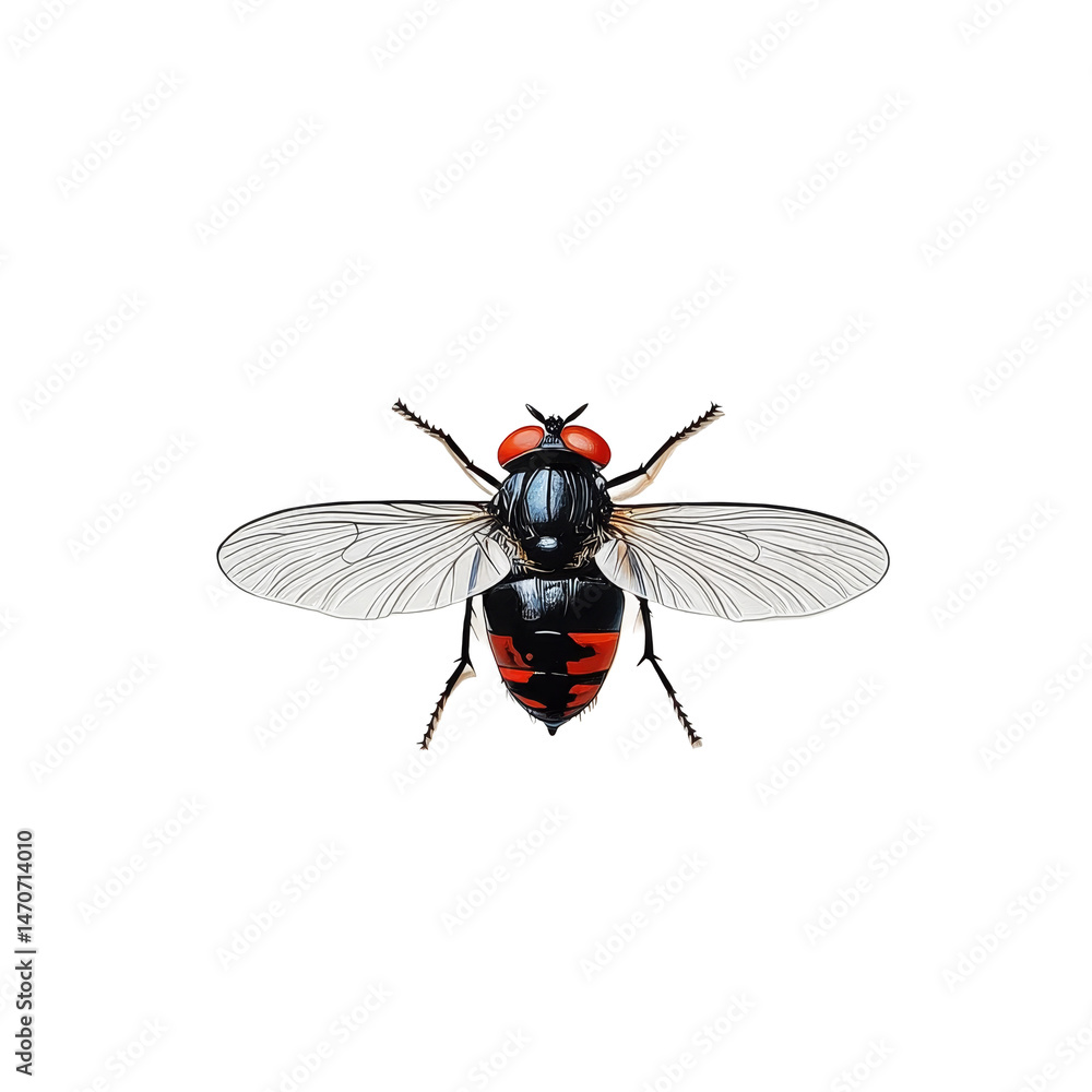Poster a closeup view of a fly with distinctive red and black markings on a transparent background, fly on 