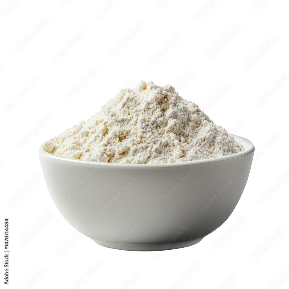 Poster transparent bowl filled with a pile of flour isolated against a clean alpha layer background for culinary use, Pile of flour in transparent bowl isolated on alpha layer