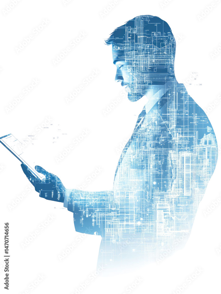 Poster silhouette of a person in a white shirt, holding a digital tablet with a transparent background. the