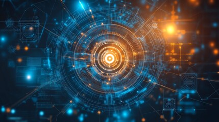 Abstract digital technology background orange blue futuristic network web data cyber lines system