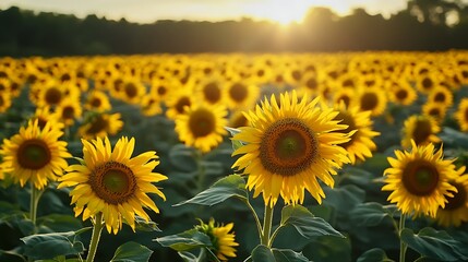 Fototapeta premium Golden sunflower field bathed in sunset light.