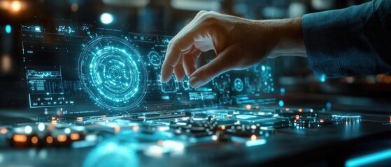 Person interacting with futuristic digital control panel displaying holographic blue circular interfaces and data graphics in a high-tech environment