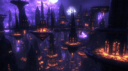 Obraz premium Sprawling alien city floating platforms neon lights and towering skyscrapers cinematic sci fi metropolis