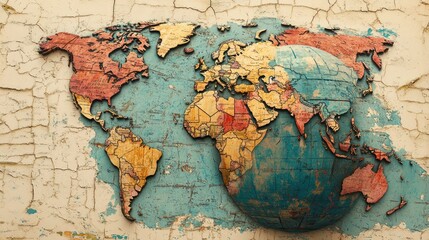 Vintage world map, distressed texture