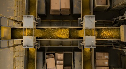 High angle view of industrial conveyor system transporting yellow material