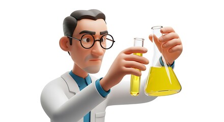 Cartoon scientist holding lab equipment inspecting yellow liquid
