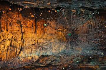 A dew-kissed spiderweb stretches across a richly textured, dark wood background, creating a mesmerizing natural art piece.