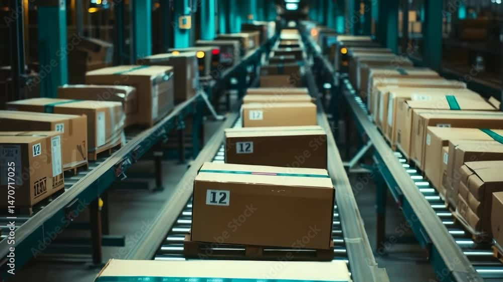 Poster Packages are lined up on an automated conveyor belt system. The cardboard boxes move along the industrial machinery, ready for efficient shipping and distribution in a warehouse setting.