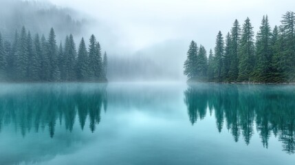 Fototapeta premium Misty Mountain Lake Reflection: A Serene Winter Wonderland