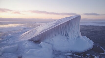 Frozen ice formations on a winter lake at sunrise.