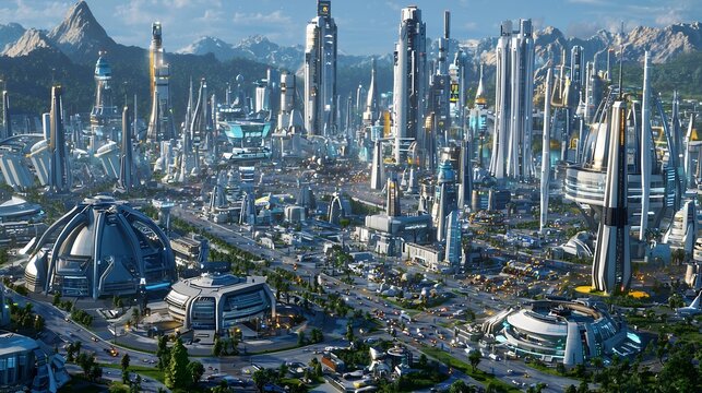 Sprawling futuristic space city towering structures spaceports and bustling traffic cinematic intergalactic metropolis