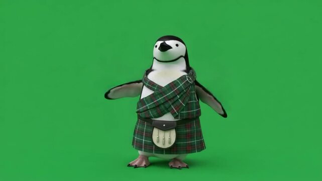 Penguin in kilt with sporran costume on green screen for mascot concepts