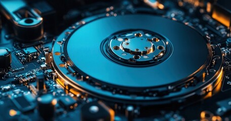 Close-up of an opened computer hard drive showing the reflective circular disk platter and surrounding electronic components under blue and yellow lighting