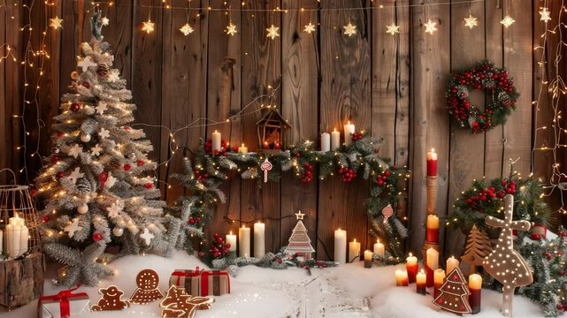 Festive Christmas display featuring decorated tree, gingerbread cookies, presents, lit candles , garlands. A rustic wooden backdrop, illuminated by star-shaped string lights, adds to holiday cheer.