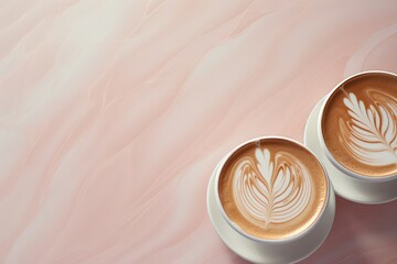 Two cups of latte with leaf art on pink marble background. Coffee break concept. Beverage for Valentine's Day, Mother's Day, or National Coffee Day celebration