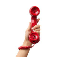 A hand holding a red vintage telephone receiver. The hand and receiver are positioned against a background. 