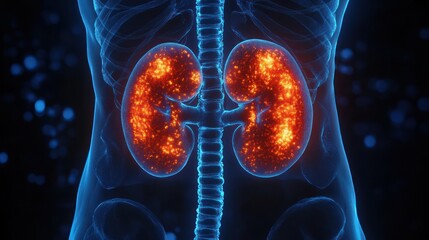 3d medical illustration of human kidneys glowing inside a transparent torso showing internal anatomy and spine