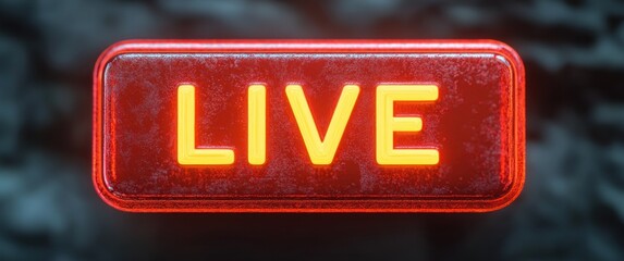 glowing neon sign with the word live illuminated in warm yellow on a red rectangular background with a dark blurred backdrop