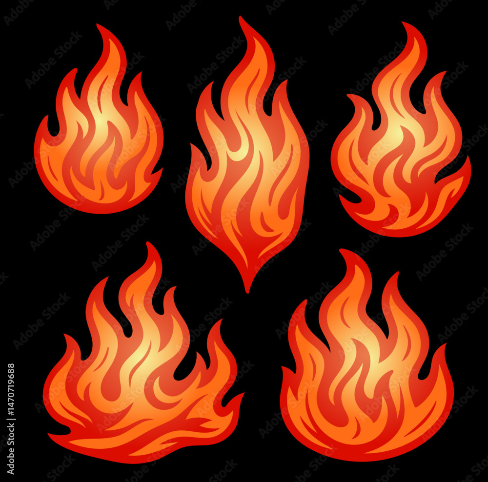 Poster a series of five red flames with a black background. the flames are all different sizes and shapes, 