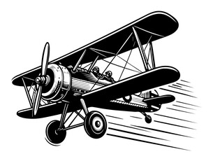 A black and white drawing of a propeller plane flying through the air. The plane is depicted as being in motion, with its wings spread wide and its propellers spinning rapidly