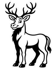 A cartoon deer with antlers is standing in front of a white background. The deer has a happy expression on its face