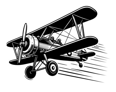 Fototapeta A black and white drawing of a propeller plane flying through the air. The plane is depicted as being in motion, with its wings spread wide and its propellers spinning rapidly