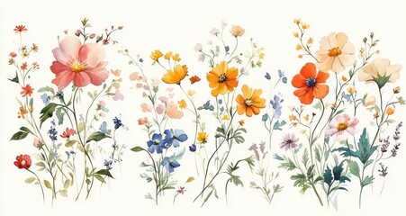 Delicate watercolor painting of wildflowers in various colors including pink, orange, yellow, blue, and white with green leaves on a light background