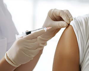 Doctor giving vaccine injection in patient's upper arm with gloved hands
