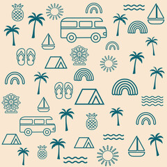 Cool, Retro Road‑Trip Summer Themed Seamless Pattern with Outline Vector Icon Seamless Repeating Background