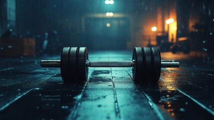 Dark, rainy gym, heavy weight, interior, floor, equipment.
