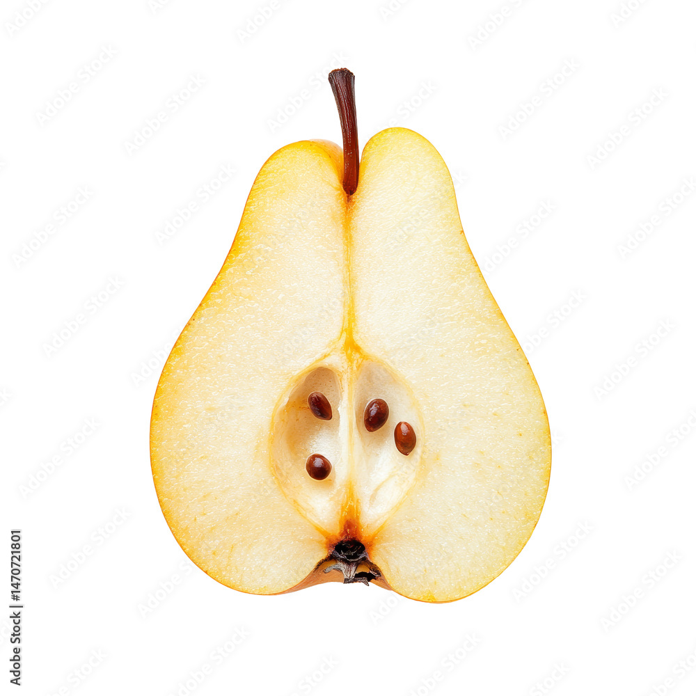 Poster half of a ripe pear with seeds displayed on a clean transparent background, half pear isolated on tr