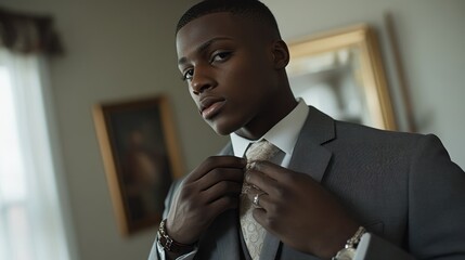 A young man in a suit adjusting his tie in a room.