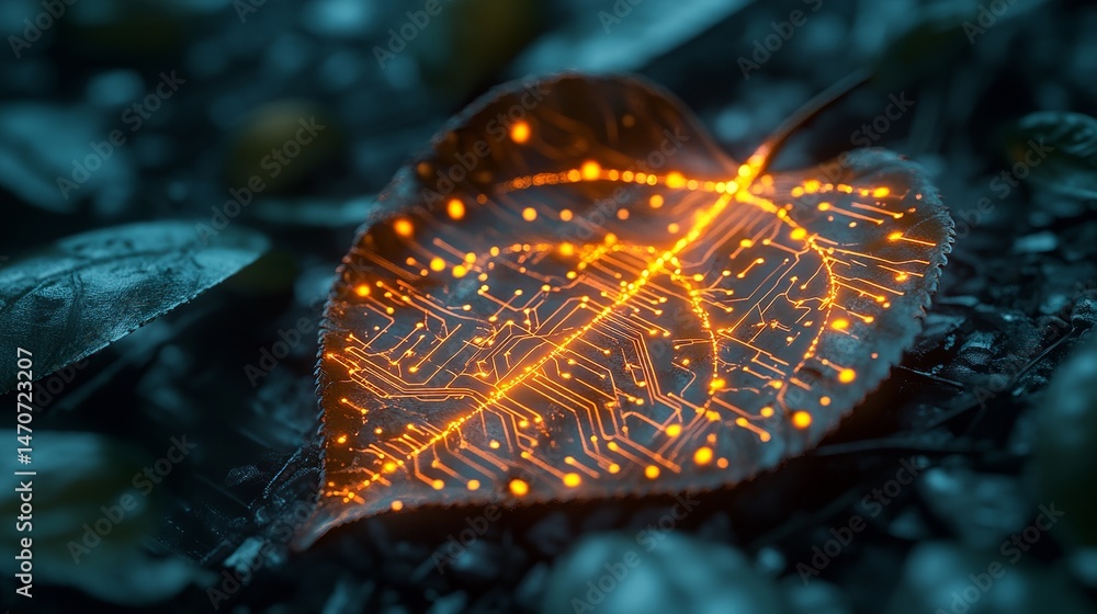 Poster glowing circuit board pattern on a dark leaf in nature up light green macro close image orange desig