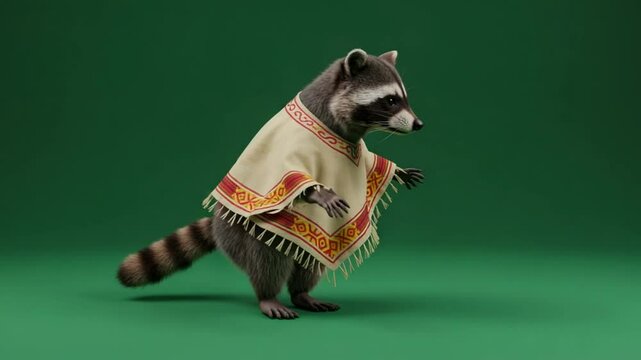 Playful raccoon in traditional poncho standing against a green background