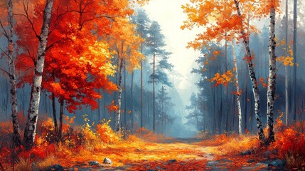 Autumnal forest path bathed in soft light.